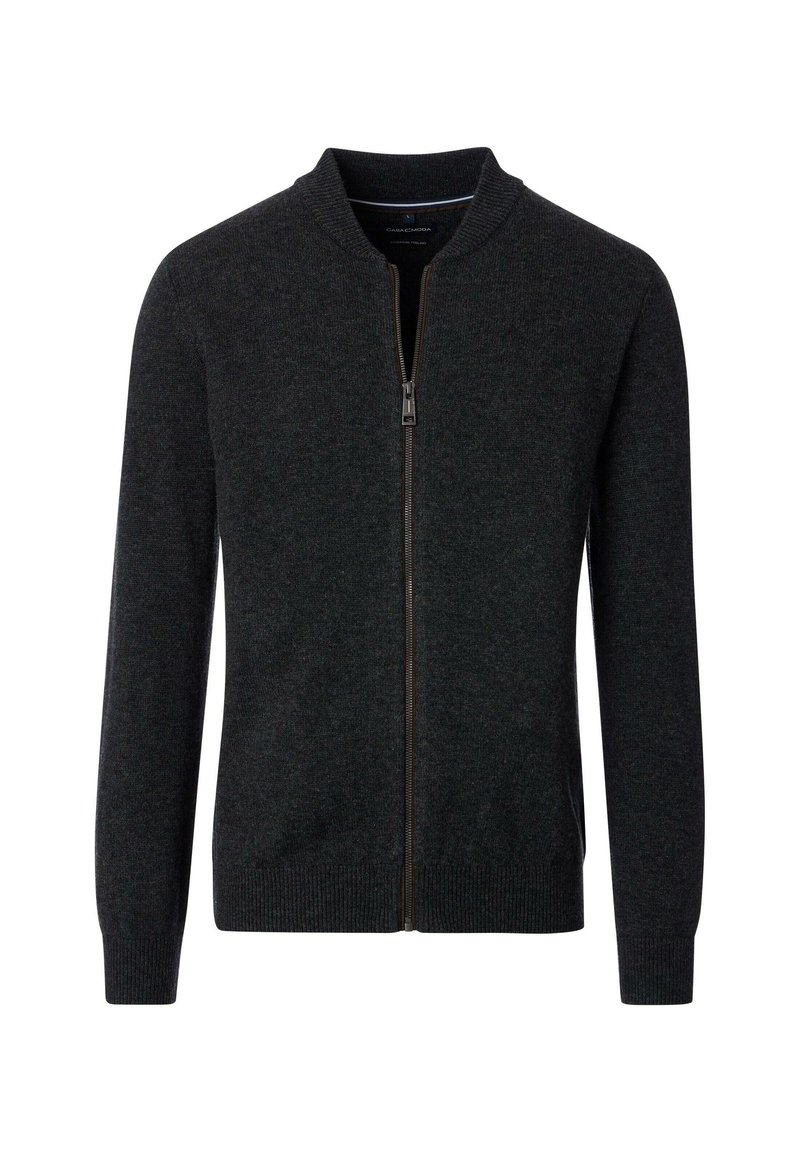 Dunkelgrauer Reißverschluss-Pullover mit geripptem Kragen und Bündchen, aus weichem Stoff gefertigt. Verfügt über einen Frontreißverschluss und Seitentaschen. Einfaches Design.