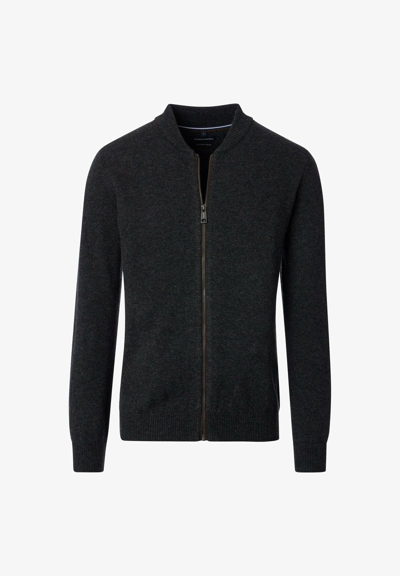 Dunkelgrauer Reißverschluss-Pullover mit geripptem Kragen und Bündchen, aus weichem Stoff gefertigt. Verfügt über einen Frontreißverschluss und Seitentaschen. Einfaches Design.