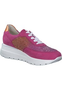 Pink sneaker with suede material featuring a sparkly gradient panel, white laces, and a thick white sole with textured bottom.