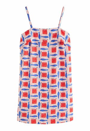 Ärmelloses Kleid mit dünnen Trägern, mit einem Muster aus blauen Fischen und roten Sonnensymbolen auf weißem Hintergrund mit roten vertikalen Streifen.