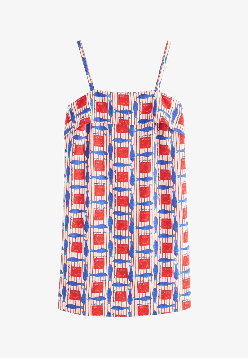Robe sans manches à fines bretelles, présentant un motif de poissons bleus et de formes de soleil rouges sur un fond blanc avec des rayures verticales rouges.