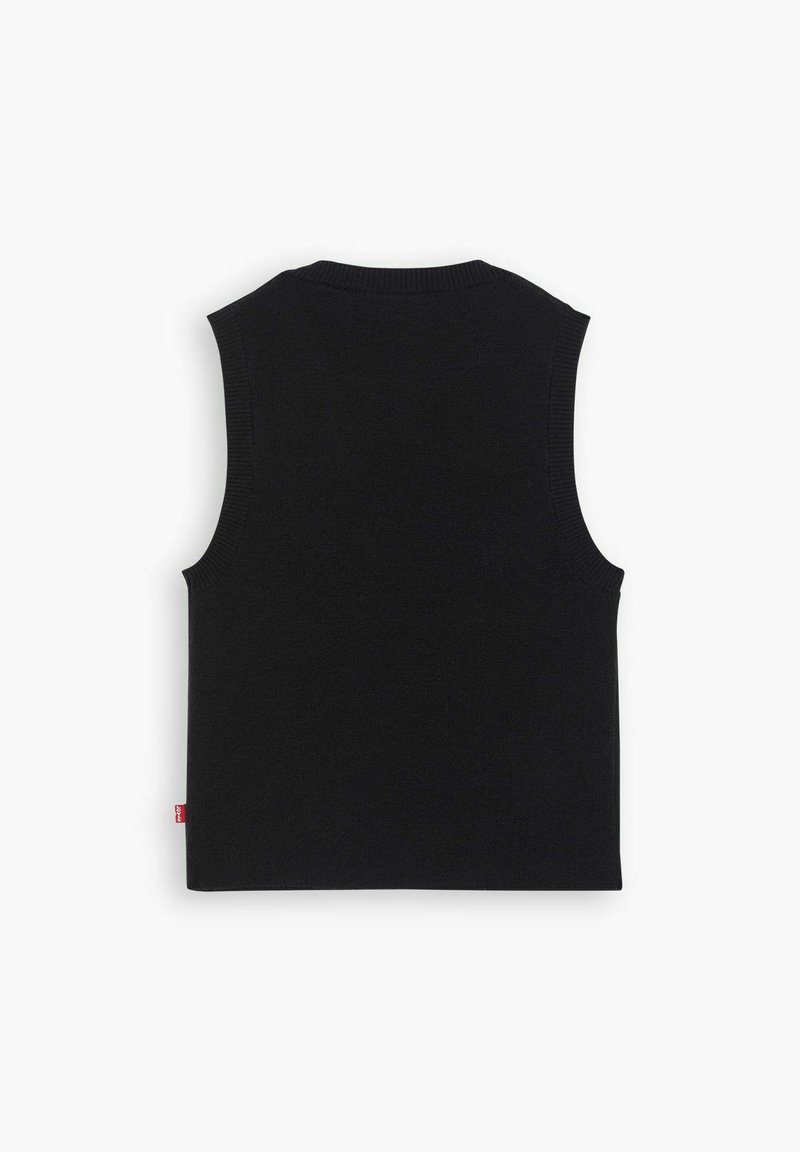 Top de punto sin mangas de color negro con escote redondeado, que presenta una textura acanalada en el cuello y las sisas. Incluye un pequeño detalle de etiqueta roja.