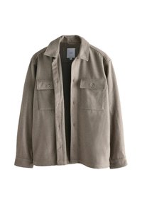 Ruskea villasekoitteen paita-takki, jossa on kaulus, etupainike suljenta ja kaksi rintataskua. Ominaisuuksiin kuuluu pehmeä rakenne ja rento istuvuus.