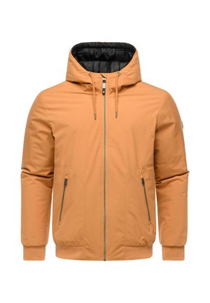 Veste à capuche orange avec fermeture éclair à l'avant, poignets côtelés et deux poches latérales zippées. Intérieur noir doublé avec un motif texturé.
