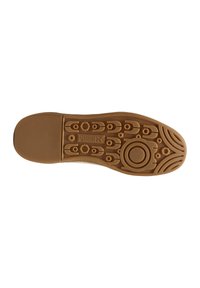 Suola di scarpa in gomma di colore beige, con un motivo testurizzato che presenta accenti circolari eLineari per grip e trazione.