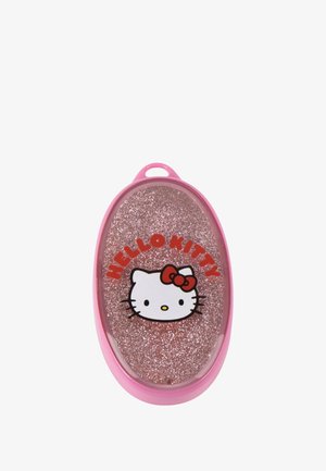 Hello Kitty glittercompact; ovale vorm met roze kunststof omhulsel, sprankelend rozenkleurig glitteroppervlak en met een cartoonfiguur ontwerp.