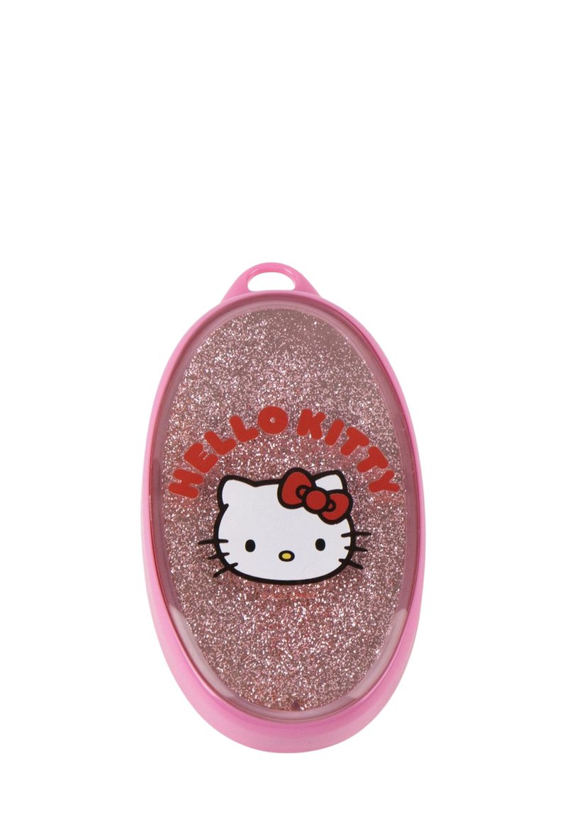 Compatto glitter di Hello Kitty; forma ovale con custodia in plastica rosa, superficie scintillante di glitter rosa e caratterizzato da un design di personaggio dei cartoni animati.