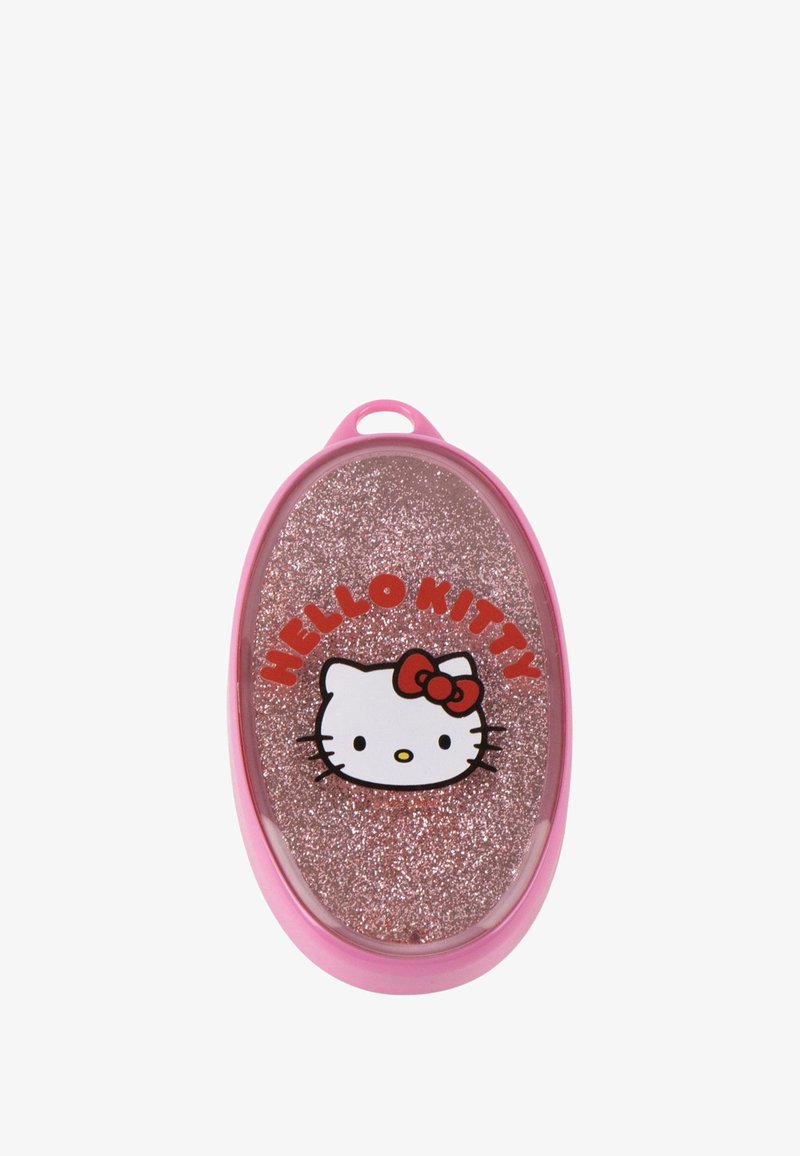 Compatto glitter di Hello Kitty; forma ovale con custodia in plastica rosa, superficie scintillante di glitter rosa e caratterizzato da un design di personaggio dei cartoni animati.
