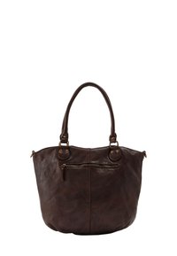 Ruda odinė tote rankinė su dviem viršutiniais rankenomis, užtrauktuku užsegama priekinė kišenė ir tekstūruotas paviršius. Papuošta auksinės spalvos detalėmis ir erdviu dizainu.