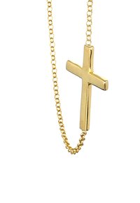 Gold-colored cross pendant on a delicate chain. The cross features a smooth, polished finish with straight edges and a minimalistic design.