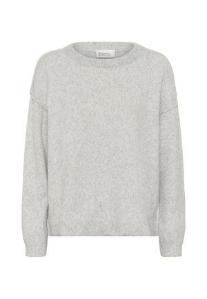 Svetlo siva dolga rebrasta pletena majica z okrolim ovratnikom ter rebrastimi zaključki na rokavih in spodnjem robu, prikazana na belem ozadju.