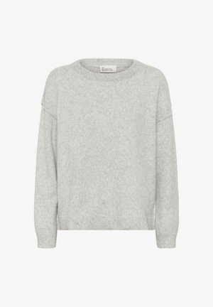 Lichtgrijze, lange mouwen, gebreide trui met ronde hals en geribbelde boorden bij de mouwen en zoom, getoond tegen een witte achtergrond.