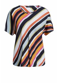 Blouse à manches courtes avec des rayures diagonales en noir, orange, blanc, moutarde, rose et bleu clair, avec un col rond.