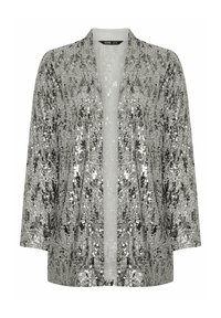 Chaqueta kimono de lentejuelas plateadas con un corte relajado, frente abierto y mangas tres cuartos. Presenta una superficie texturizada y brillante.