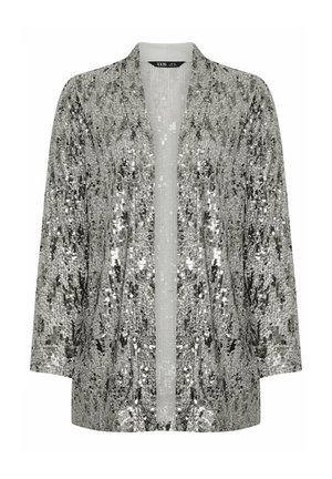 Sølvfarvet, pailletbesat kimono-jakke med en afslappet pasform, åben front og trekvartærmer. Har en strålende, tekstureret overflade.