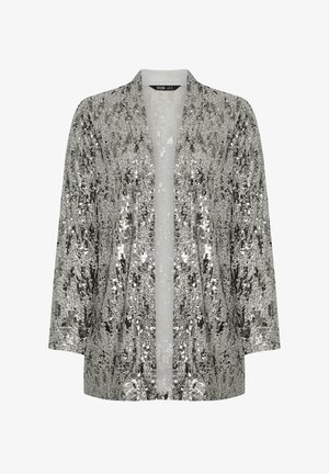 Silver sequined kimono jacket with a relaxed fit, open front, and three-quarter sleeves. Features a shimmering, textured surface.