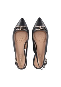 Black leather slingback shoes with pointed toes, gold buckle detail, and padded insoles displaying dot patterns.