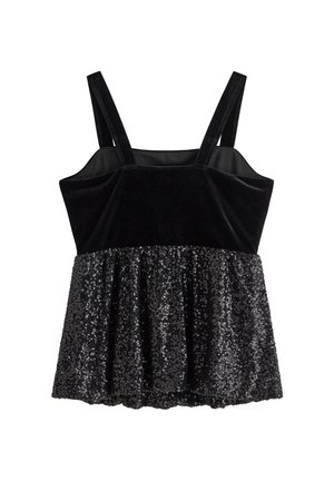 Czarny aksamitny top z regulowanymi cienkimi rzemykami, rozkloszowana spódnica z cekinami, teksturowana powierzchnia i klasyczna sylwetka.