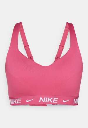 Top desportivo rosa com alças ajustáveis, design em V e uma faixa elástica branca com logótipo na parte inferior. Textura de tecido lisa e elástica.