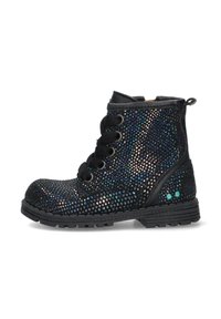 Botas tobilleras negras cubiertas de lentejuelas multicolores, con cierre de cordones en la parte delantera, suela de goma resistente y bucle trasero para ponerlas y quitarlas fácilmente.