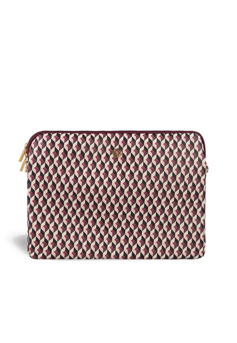 Patterned laptop sleeve featuring a geometric design in cream, burgundy, and black. Made of durable material with zip closure and gold accents.