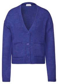 Fialový pletený cardigan s výstřihem do V, třemi knoflíky a dvěma předními kapsami. Má žebrované manžety a lem, a texturovaný vzhled.