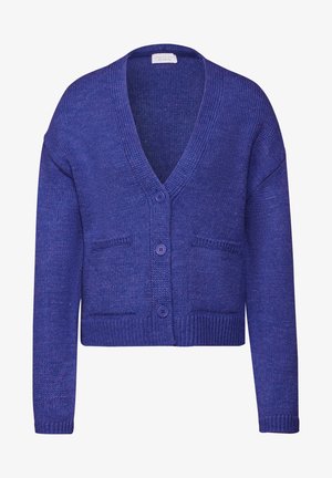 Cardigan de punto morado con escote en V, tres botones y dos bolsillos frontales. Incluye puños y dobladillo acanalados, y un acabado texturizado.