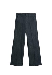 Pantaloni in denim a gamba larga in blu scuro. Presentano una texture liscia, due tasche frontali e una classica cintura con passanti per cintura.