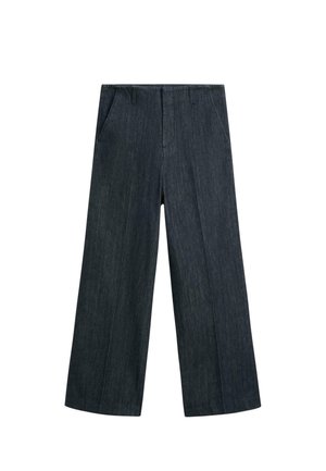 Pantaloni in denim a gamba larga in blu scuro. Presentano una texture liscia, due tasche frontali e una classica cintura con passanti per cintura.