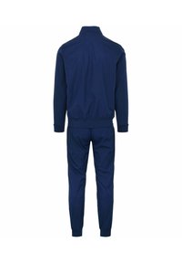 Tuta blu navy con colletto, polsini ed elastico in vita. Realizzata in tessuto liscio e leggero con una vestibilità comoda.