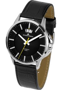 Schwarze Lederarmbanduhr mit einem Gehäuse aus Edelstahl, schwarzem strukturiertem Zifferblatt, silbernen Stundenmarkierungen, gelber Sekundenzeiger und Datumsanzeige.