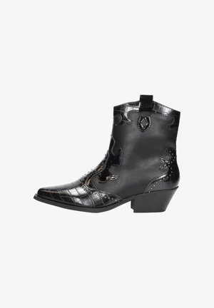Black leather ankle boots with a crocodile texture, pointed toe, decorative stitching, and metal studs. Features a low heel and pull tab.