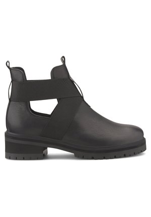 Zwarte enkellaars met dikke hak, elastische gekruiste bandjes en uitgesneden zijkanten, ontworpen voor een veilige pasvorm en een robuuste zool voor grip.