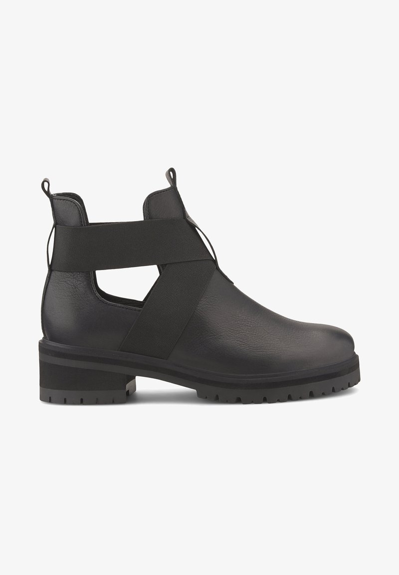 Bottine noire à la cheville avec talon épais, brides élastiques croisées et côtés découpés, conçue pour un maintien sûr et une semelle robuste pour l’adhérence.