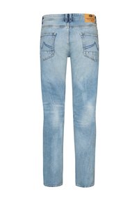 Jeans de denim azul claro con corte recto, que cuentan con bolsillos en la parte trasera y un sutil desvanecimiento para añadir textura. Etiqueta de cuero en la cinturilla.