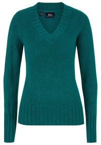 Maglione teal a collo a V con scollatura e orlo a costine. Maniche lunghe con polsini a costine. Texture morbida. Design semplice, senza motivi o accenti visibili.