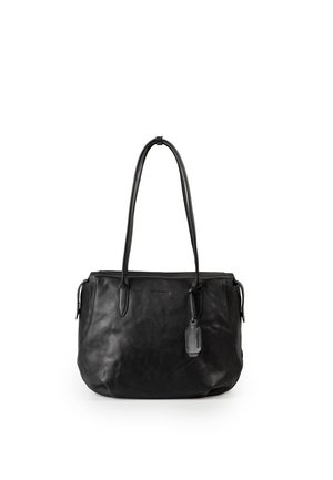 Black leather handbag with two long straps and a small hanging leather tag on a white background.