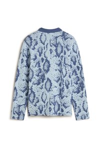 Långärmad skjorta med en ljusblå bas och ett mörkblått ormtryck. Avslutad med en solid blå krage. Mjuk textur.