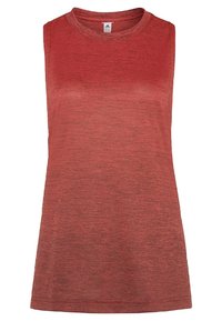 Top atletico senza maniche rosso con una texture sfumata, collo rotondo e un tessuto liscio. Nessun motivo o dettagli visibili.