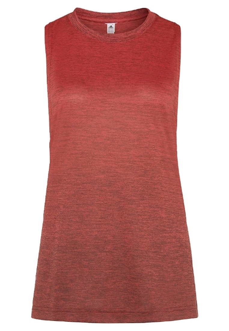Top atletico senza maniche rosso con una texture sfumata, collo rotondo e un tessuto liscio. Nessun motivo o dettagli visibili.