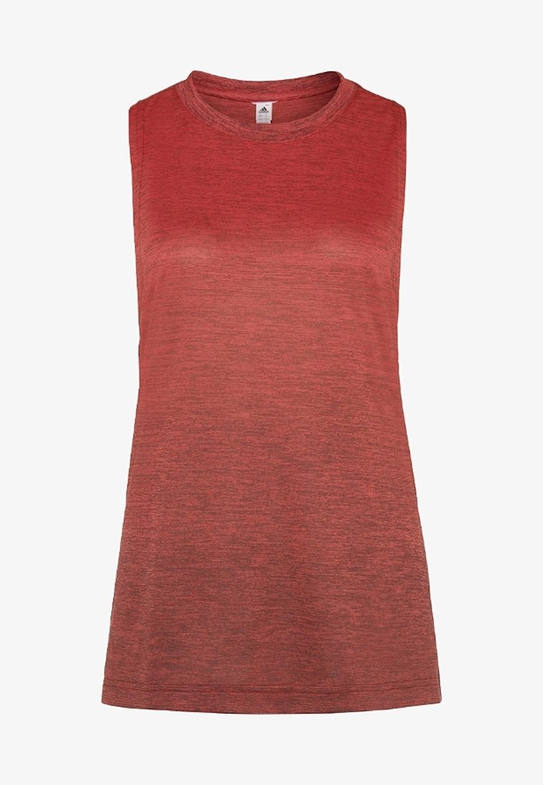 Top atletico senza maniche rosso con una texture sfumata, collo rotondo e un tessuto liscio. Nessun motivo o dettagli visibili.