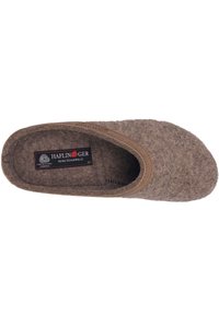 Brown felt slipper with rounded shape and a tan leather trim around the opening. Inside shows a soft wool lining and brand label.
