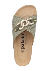 Infradito intrecciato verde con una ampia fascia decorata da una catena crema. La plantare è in suede beige con dettagli del logo. Design a suola piatta.