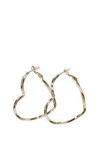 Pendientes de aro en forma de corazón tono dorado con un diseño retorcido y un acabado texturizado, que cuentan con un cierre seguro para su uso.