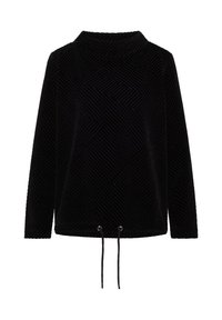 Top negro de terciopelo de manga larga con patrón geométrico en relieve y cordón ajustable en el bajo.