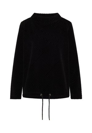 Top negro de terciopelo de manga larga con patrón geométrico en relieve y cordón ajustable en el bajo.