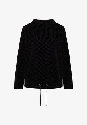 Top negro de terciopelo de manga larga con patrón geométrico en relieve y cordón ajustable en el bajo.