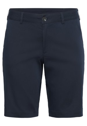 Shorts bleu marine en tissu lisse, avec fermeture à boutons, passants de ceinture et coupe droite, adaptés pour un style décontracté.