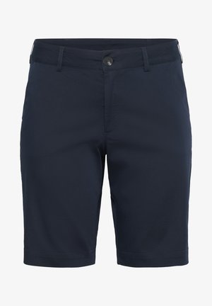 Tumši zili šorti, kas izgatavoti no gludas auduma, ar pogu aizdari, jostu cilpām un taisnu kāju dizainu, piemēroti ikdienas valkāšanai.