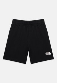 Μαύρο σορτς με ελαστική μέση και το λογότυπο The North Face στο κάτω αριστερό πόδι, τοποθετημένο επίπεδα σε λευκό φόντο.